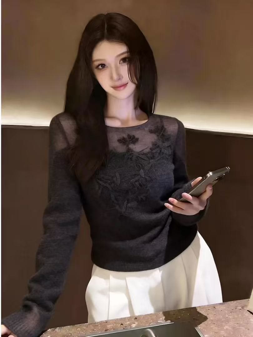 프랑스식 캐주얼 섹시함 바람 회색 맨위 여성 밝은 눈 착용 가져 가라. 루즈핏 슬림해 보이는 시스루 맨위 다용도 2026 가을 상세 이미지 2