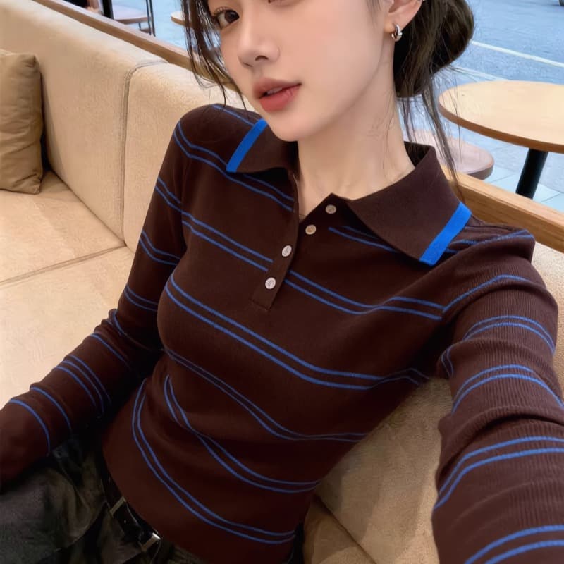레트로 커피 색상 스트라이프 POLO 칼라 긴팔 니트 스웨터 여성 이른 가을 외국 가스 Chic 인사이드 가져 가라. 몸매 가꾸기 만나는 맨위 트렌디 상세 이미지 2