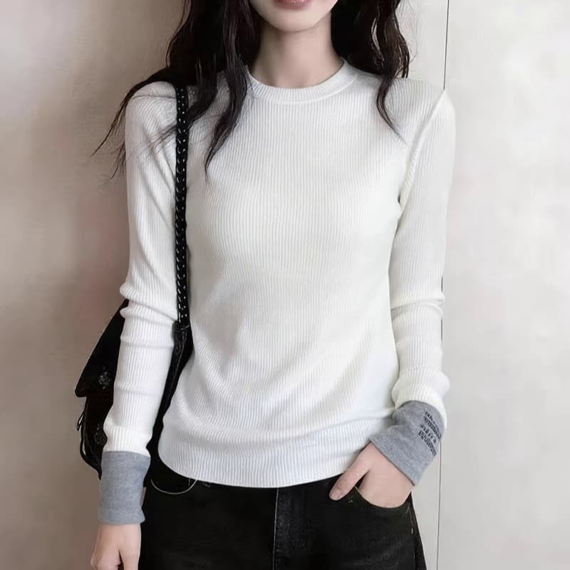 앤 코라 빨간색 라운드 넥 배색 만나는 니트 스웨터 여성 2026 이른 가을 인사이드 가져 가라. 스웨터 고급 센스 몸매 가꾸기 맨위 이미지 4