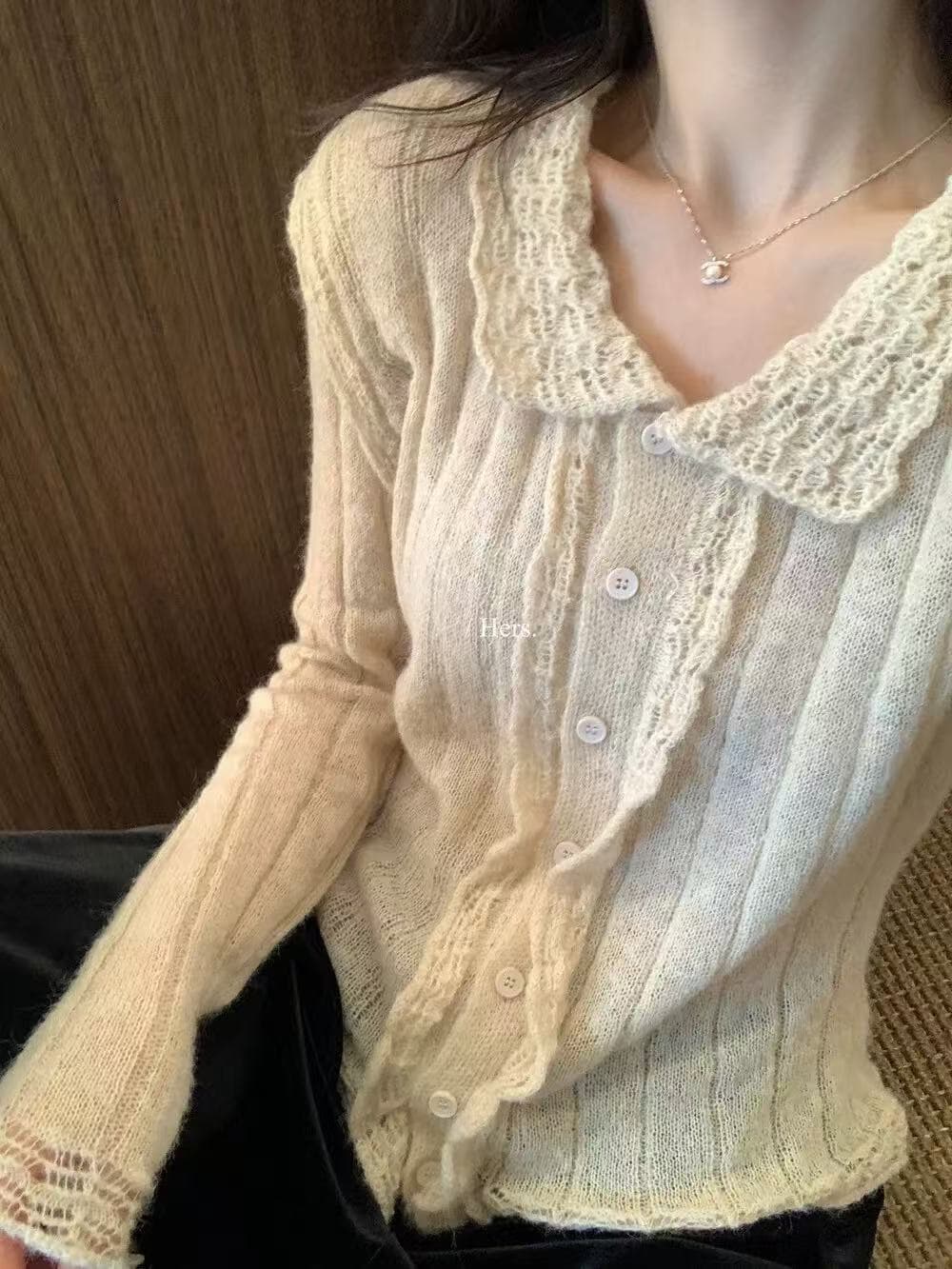 26 이른 가을 한국 스타일 미니멀리즘 레트로 프랑스식 품격 느긋한 부드러운 찹쌀 다용도 루즈핏 프릴 니트 오픈 가디건 스웨터