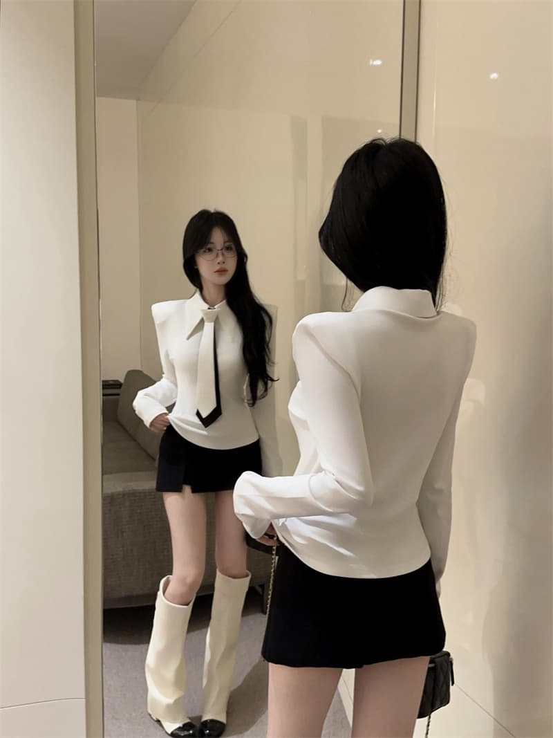 실사 디자인 센스 세련된 차가운 매운맛 흑인과 백인 배색 넥타이 셔츠 긴팔 티셔츠 작은 셔츠 상세 이미지 3