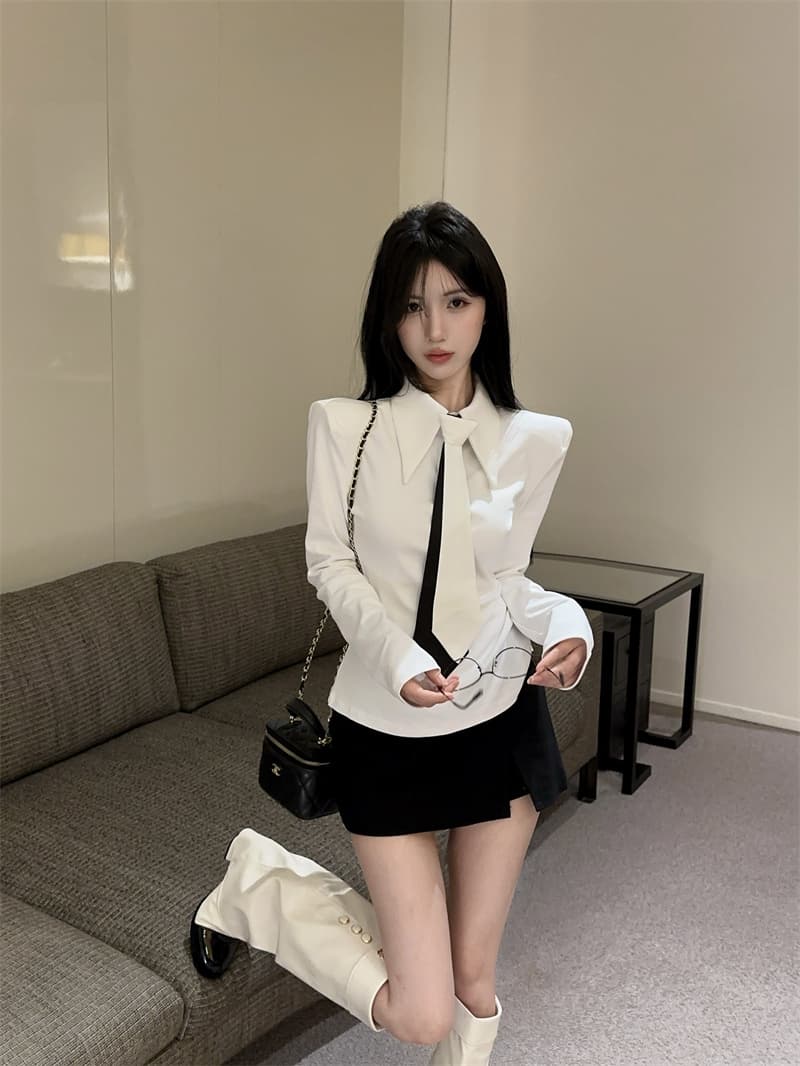 실사 디자인 센스 세련된 차가운 매운맛 흑인과 백인 배색 넥타이 셔츠 긴팔 티셔츠 작은 셔츠 상세 이미지 5