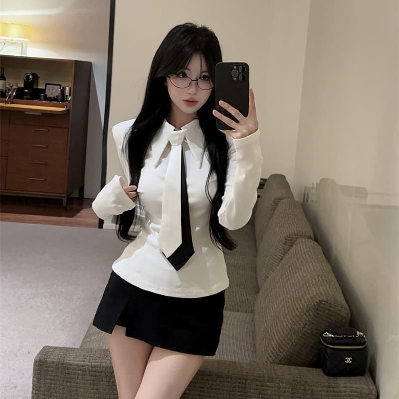 실사 디자인 센스 세련된 차가운 매운맛 흑인과 백인 배색 넥타이 셔츠 긴팔 티셔츠 작은 셔츠 이미지 5