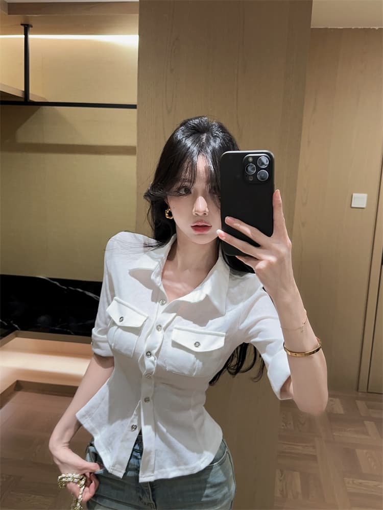 실사 핫걸 주간 접시 니트 반팔 신축성 워크웨어 여성 셔츠 화이트 POLO 칼라 다용도 맨위 이미지 2