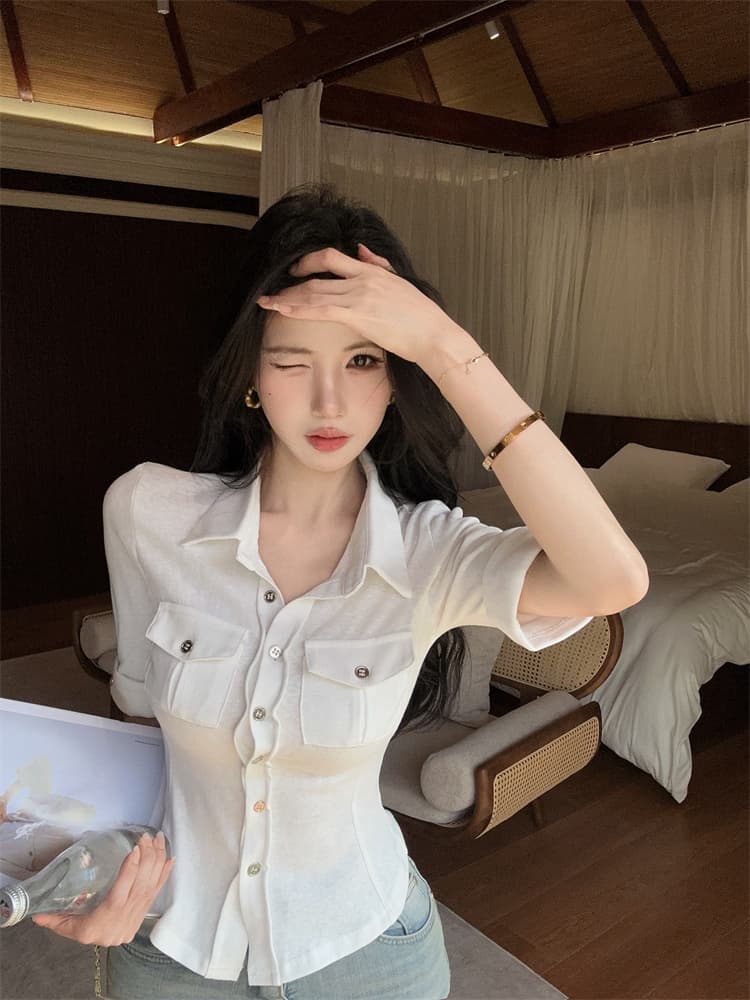 실사 핫걸 주간 접시 니트 반팔 신축성 워크웨어 여성 셔츠 화이트 POLO 칼라 다용도 맨위 상세 이미지 1