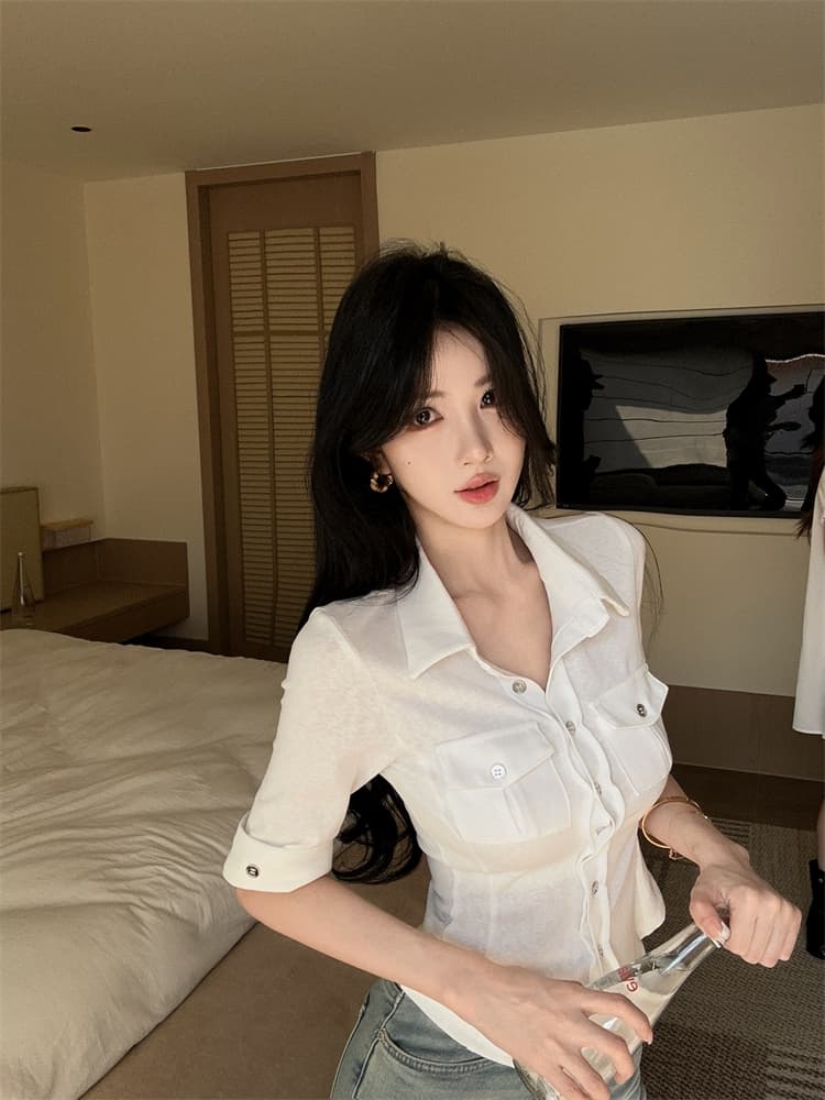 실사 핫걸 주간 접시 니트 반팔 신축성 워크웨어 여성 셔츠 화이트 POLO 칼라 다용도 맨위 상세 이미지 6