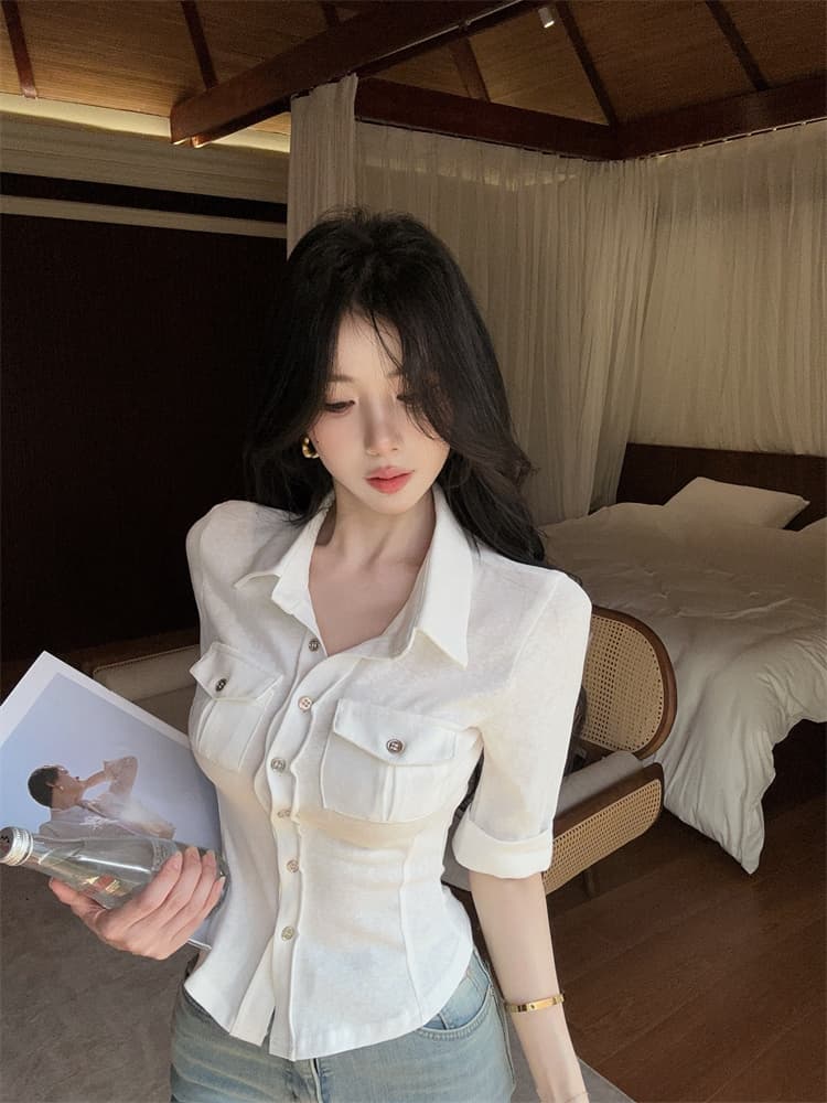 실사 핫걸 주간 접시 니트 반팔 신축성 워크웨어 여성 셔츠 화이트 POLO 칼라 다용도 맨위 상세 이미지 8