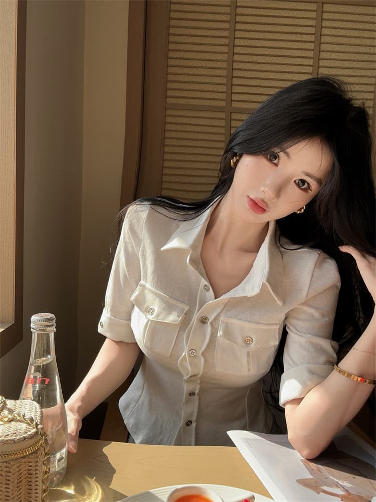 실사 핫걸 주간 접시 니트 반팔 신축성 워크웨어 여성 셔츠 화이트 POLO 칼라 다용도 맨위 상세 이미지 10