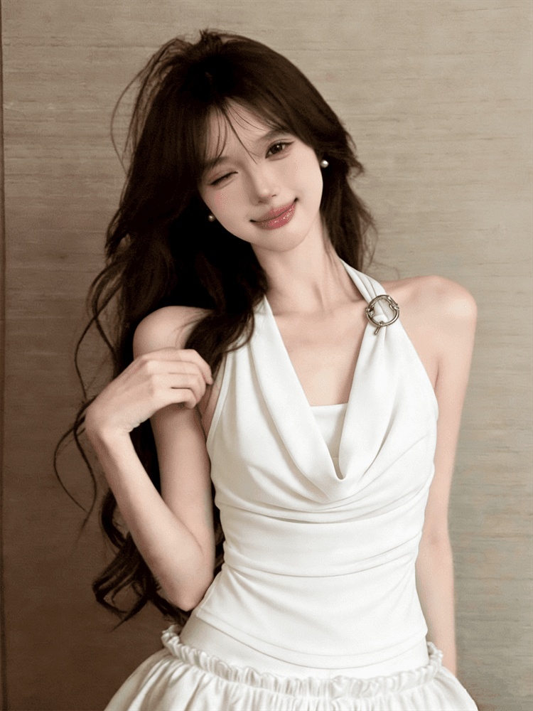 실사 섹시함 핫걸 고급 센스 행침 목 캐미솔 디자인 센스 작은 대중 몸매 가꾸기 슬림해 보이는 민소매 맨위