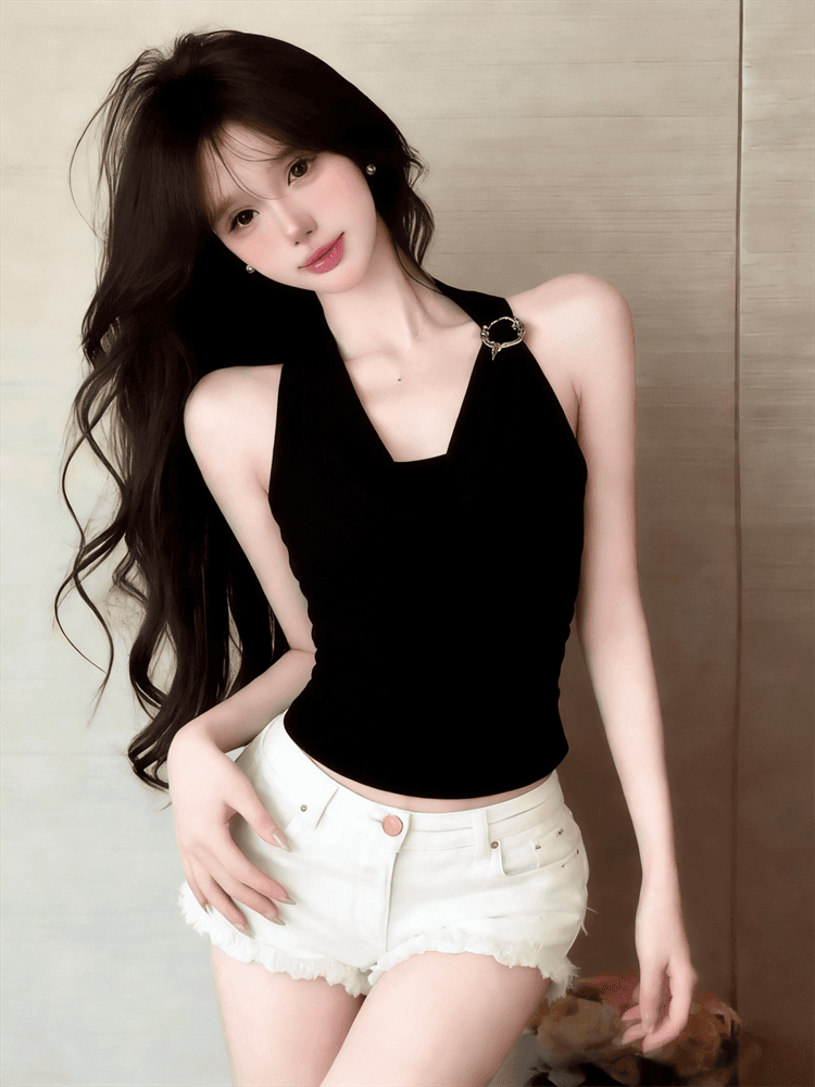 실사 섹시함 핫걸 고급 센스 행침 목 캐미솔 디자인 센스 작은 대중 몸매 가꾸기 슬림해 보이는 민소매 맨위 상세 이미지 3