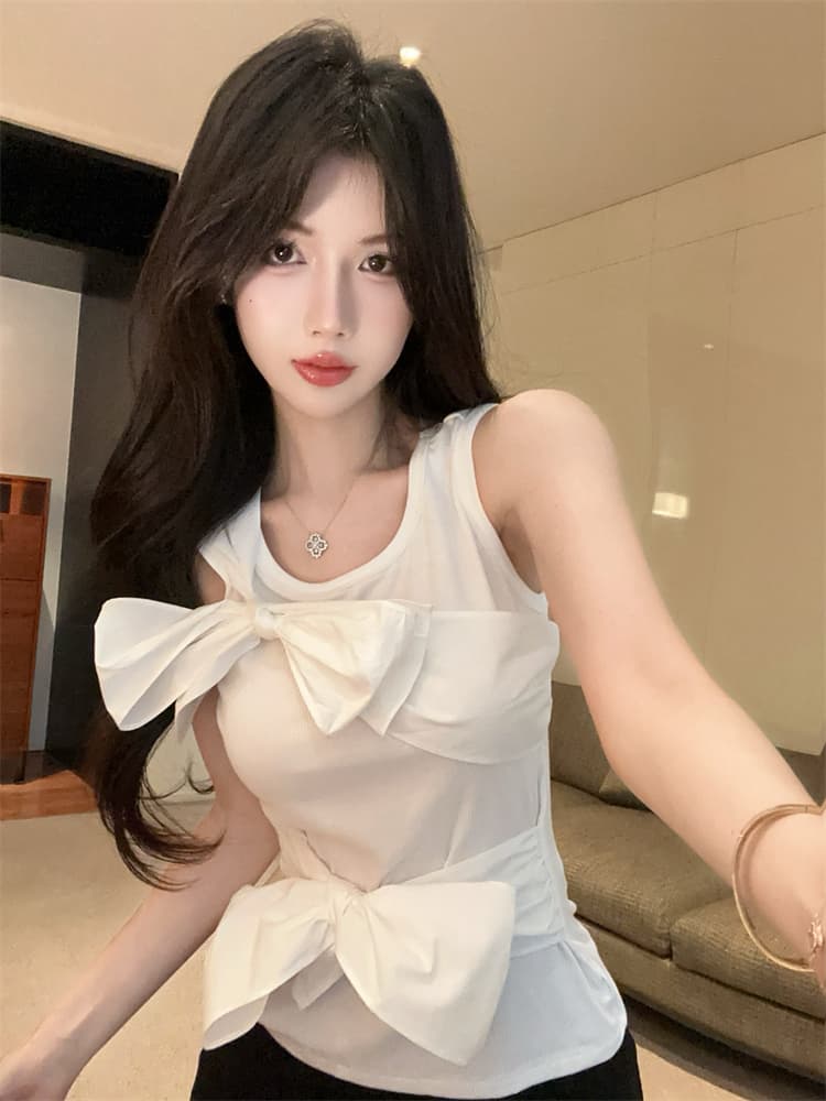 실사 패션 핫걸 화이트 스트랩 나비 매듭 불규칙 니트 조끼 맨위 이미지 3