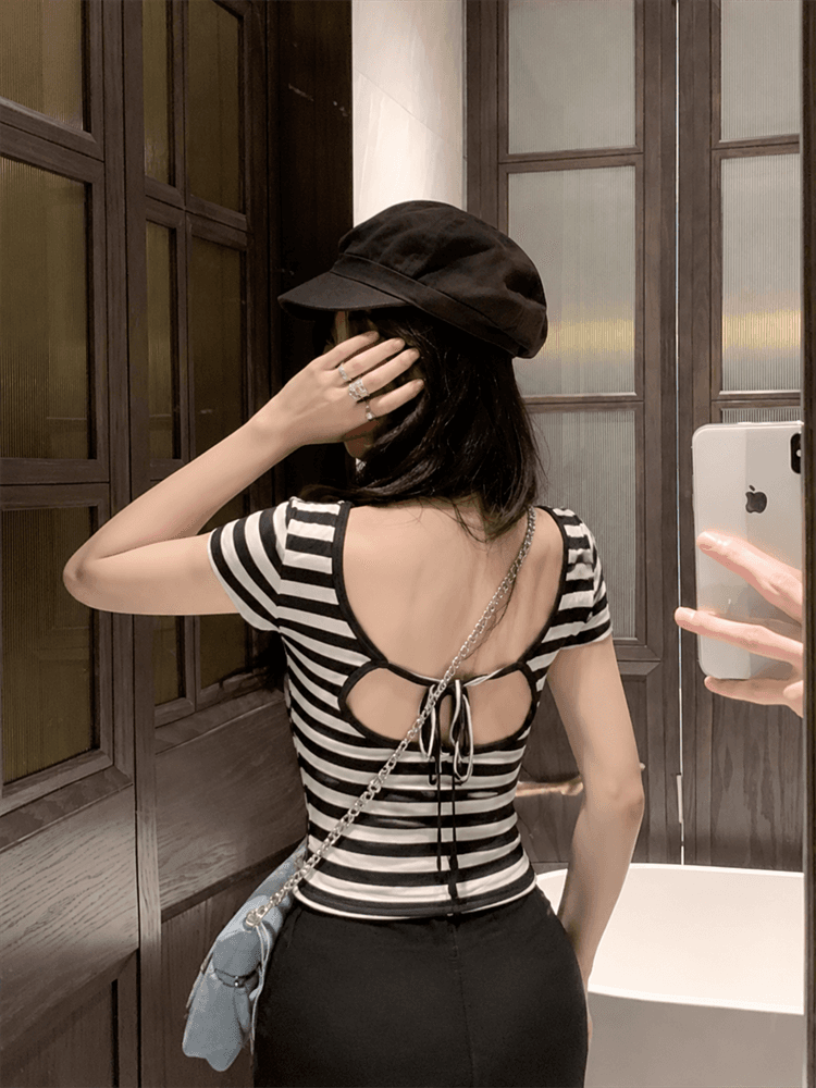실사 레트로 스트라이프 배색 대 백리스 디자인 센스 줄무늬 상세 이미지 2