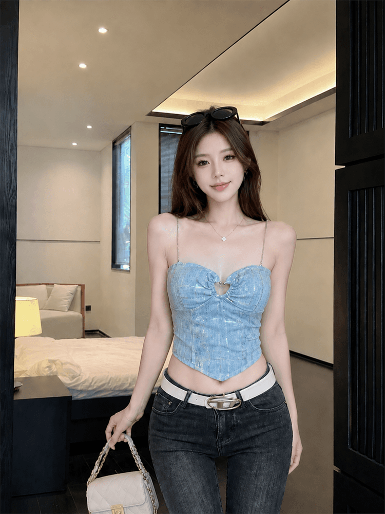 실사 여름 새로운 핫걸 체인 하트 홀로우 아웃 캐미솔 몸매 가꾸기 스트랩 백리스 맨위 상세 이미지 1