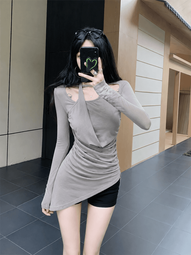 실사 고급 센스 불규칙 행침 목 주름 맨위 여성 여름 얇은 스타일 긴팔 몸매 가꾸기 다용도 티셔츠 상세 이미지 3