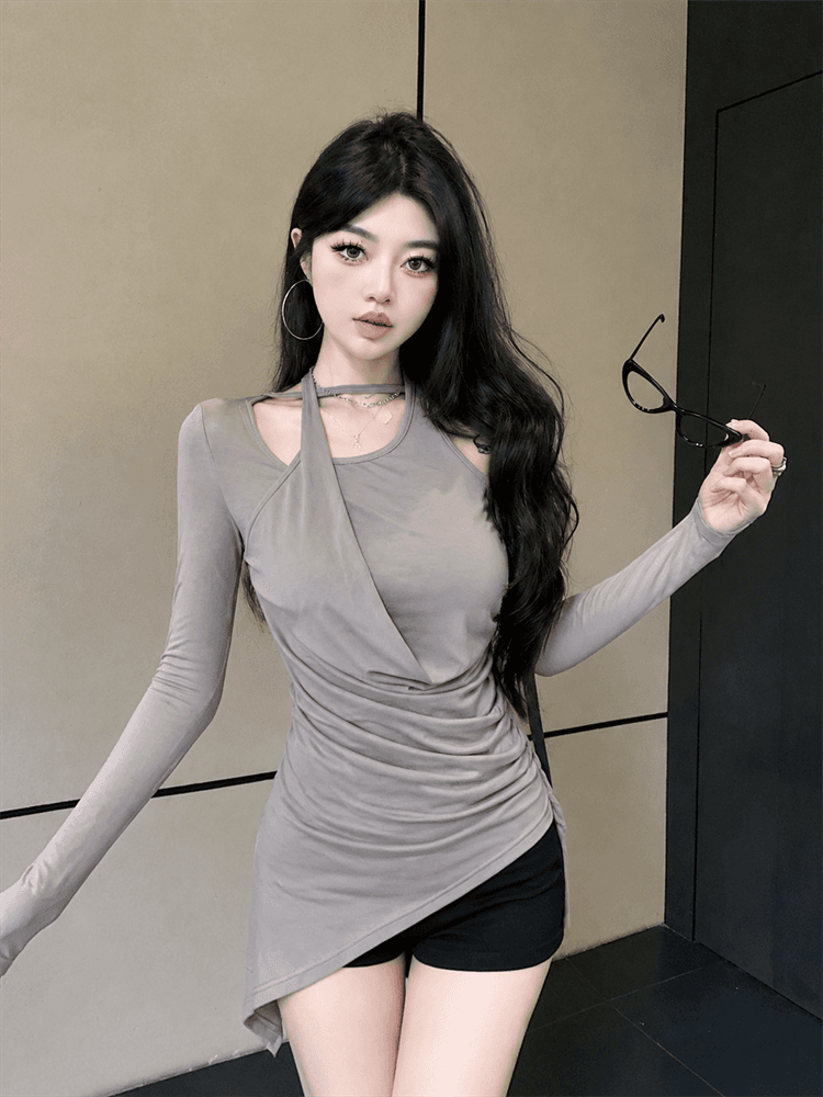 실사 고급 센스 불규칙 행침 목 주름 맨위 여성 여름 얇은 스타일 긴팔 몸매 가꾸기 다용도 티셔츠 상세 이미지 8