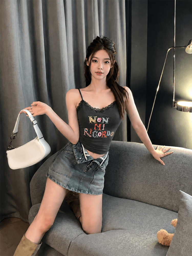 실사 여름 한국 스타일 디자인 센스 작은 대중 만화 프린트 레이스 레이스 캐미솔 여성 셔츠 트렌디 이미지 4