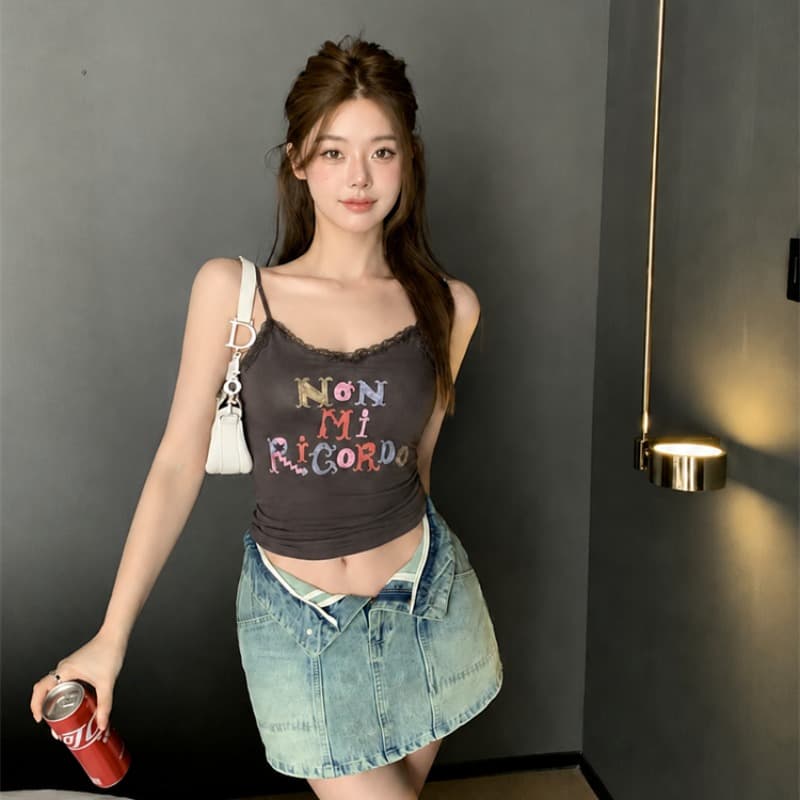 실사 여름 한국 스타일 디자인 센스 작은 대중 만화 프린트 레이스 레이스 캐미솔 여성 셔츠 트렌디 이미지 5