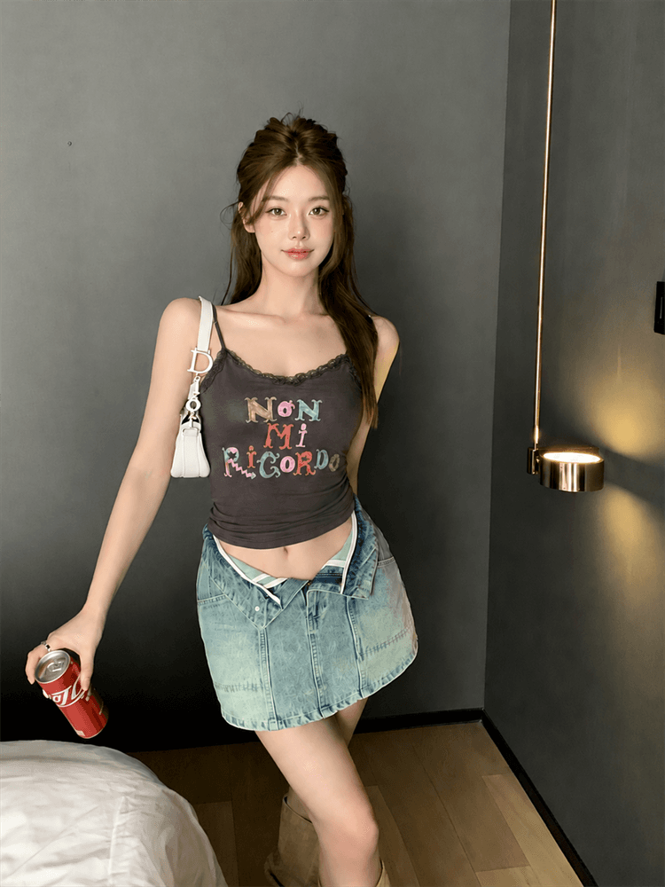 실사 여름 한국 스타일 디자인 센스 작은 대중 만화 프린트 레이스 레이스 캐미솔 여성 셔츠 트렌디 상세 이미지 3