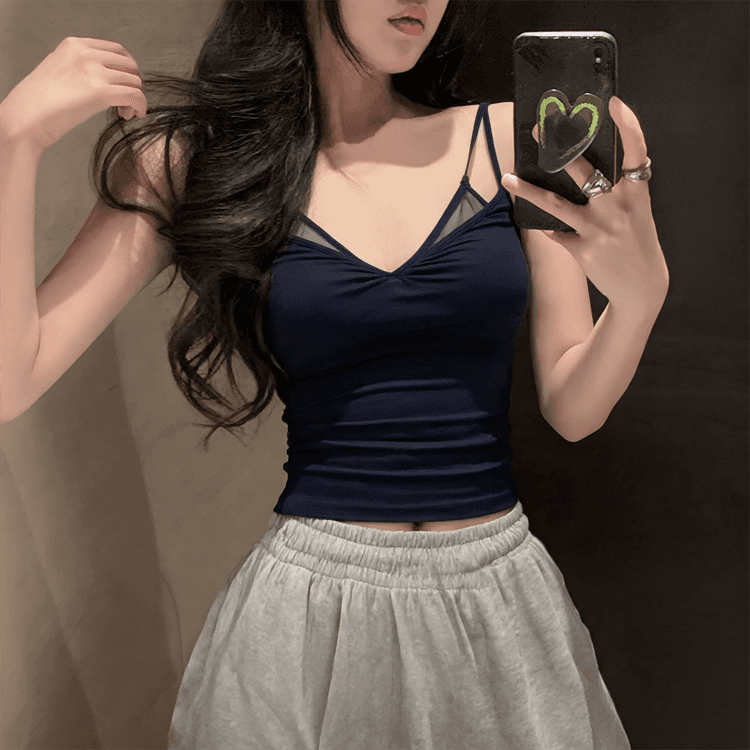 실사 남자 초기 만남 주간 실크 망사 페이크 레이어드 캐미솔 여름 순수한 욕망 슬림해 보이는 민소매 맨위 이미지 3
