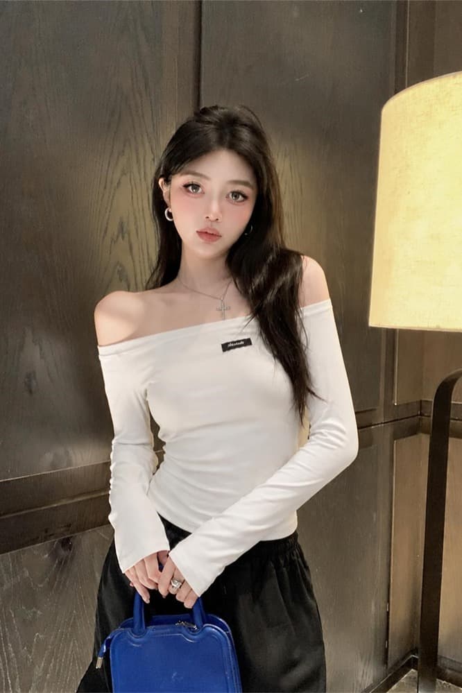 실사 몸매 가꾸기 슬림해 보이는 비스듬한 어깨 막대기 표준 알파벳 긴팔 티셔츠 여성 봄 여름 핫걸 만나는 맨위 이미지 6