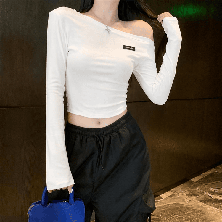실사 몸매 가꾸기 슬림해 보이는 비스듬한 어깨 막대기 표준 알파벳 긴팔 티셔츠 여성 봄 여름 핫걸 만나는 맨위 상세 이미지 2