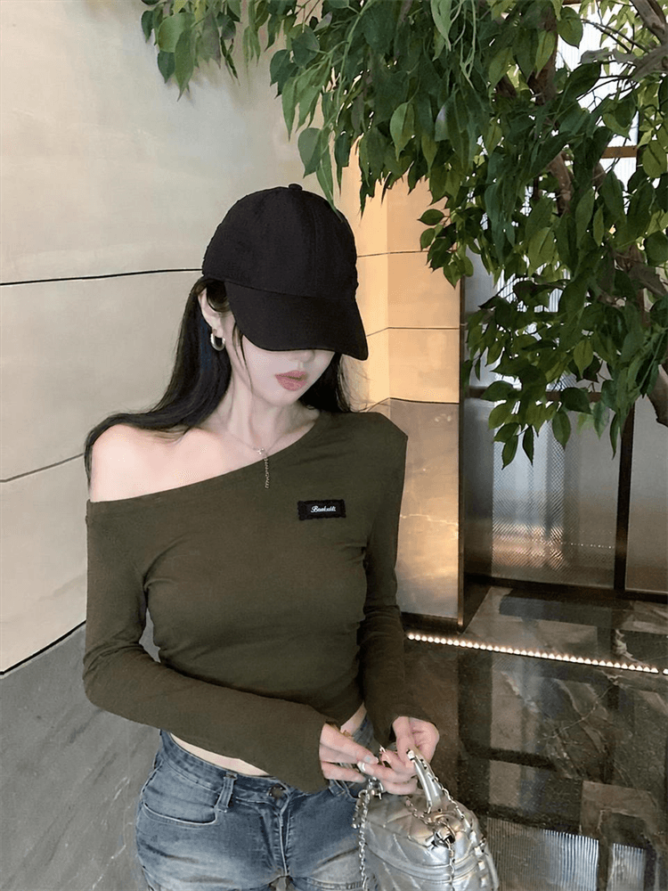 실사 몸매 가꾸기 슬림해 보이는 비스듬한 어깨 막대기 표준 알파벳 긴팔 티셔츠 여성 봄 여름 핫걸 만나는 맨위 상세 이미지 6