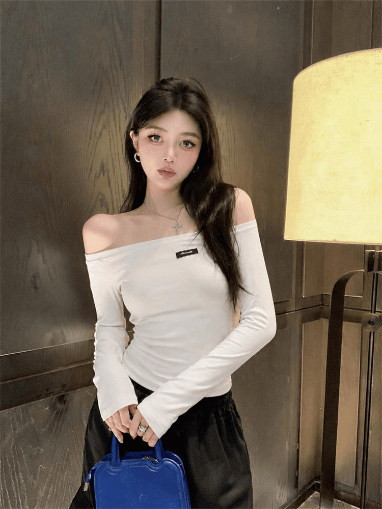 실사 몸매 가꾸기 슬림해 보이는 비스듬한 어깨 막대기 표준 알파벳 긴팔 티셔츠 여성 봄 여름 핫걸 만나는 맨위 상세 이미지 8