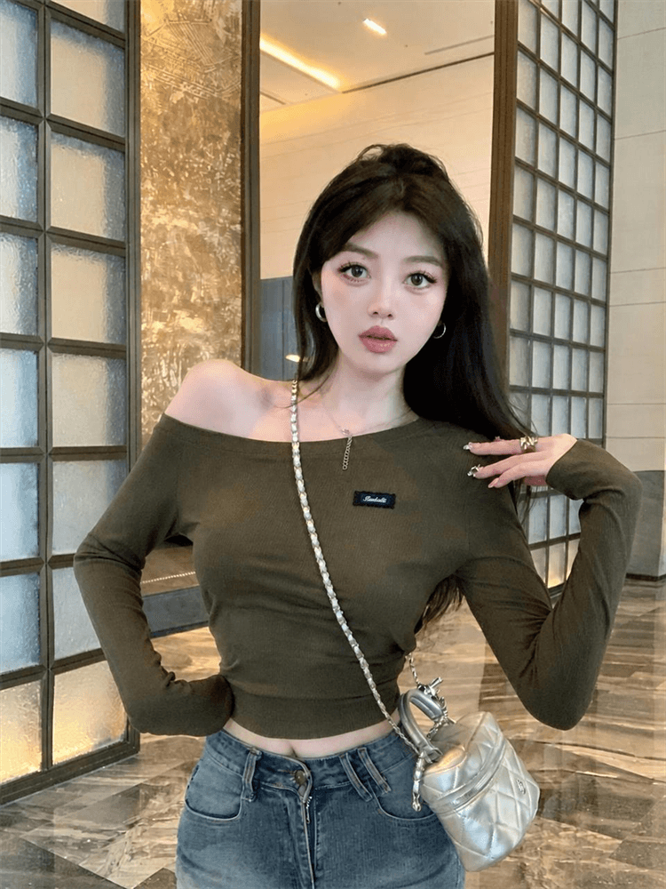 실사 몸매 가꾸기 슬림해 보이는 비스듬한 어깨 막대기 표준 알파벳 긴팔 티셔츠 여성 봄 여름 핫걸 만나는 맨위 상세 이미지 10