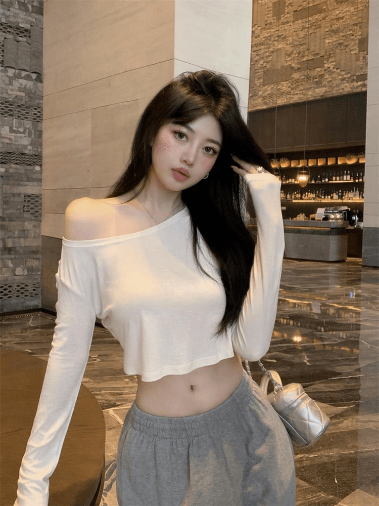 실사 비스듬한 어깨 긴팔 티셔츠 여성 여름 쇼트 스타일 맨위 슬림해 보이는 다용도 이미지 4