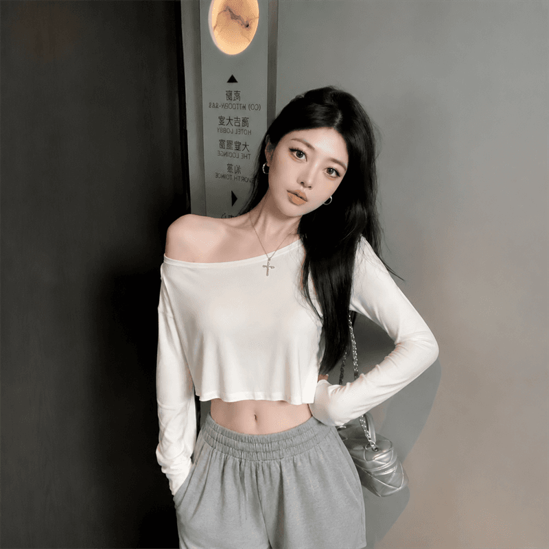 실사 비스듬한 어깨 긴팔 티셔츠 여성 여름 쇼트 스타일 맨위 슬림해 보이는 다용도 상세 이미지 5
