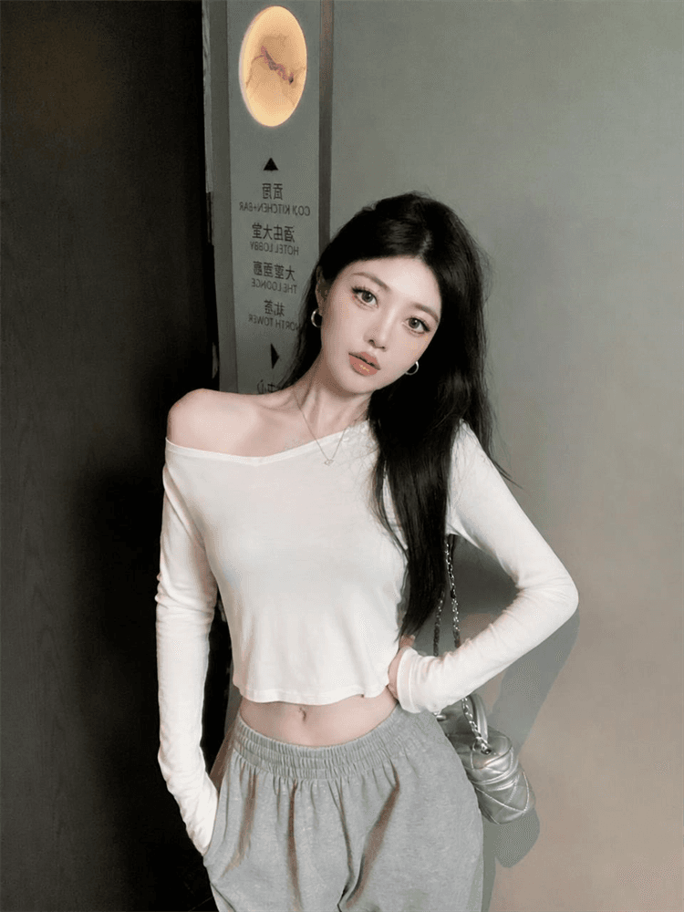 실사 비스듬한 어깨 긴팔 티셔츠 여성 여름 쇼트 스타일 맨위 슬림해 보이는 다용도 상세 이미지 7