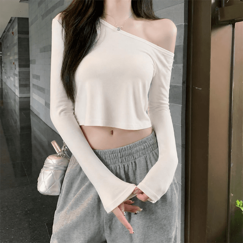 실사 비스듬한 어깨 긴팔 티셔츠 여성 여름 쇼트 스타일 맨위 슬림해 보이는 다용도 상세 이미지 8