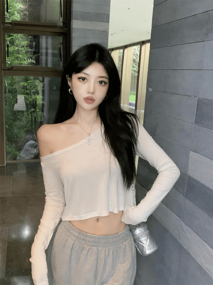 실사 비스듬한 어깨 긴팔 티셔츠 여성 여름 쇼트 스타일 맨위 슬림해 보이는 다용도 상세 이미지 10