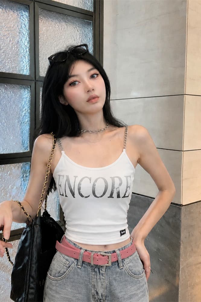 실사 아메리칸 핫걸 작은 대중 디자인 센스 체인 프린트 캐미솔 여름 외출용 맨위 이미지 6