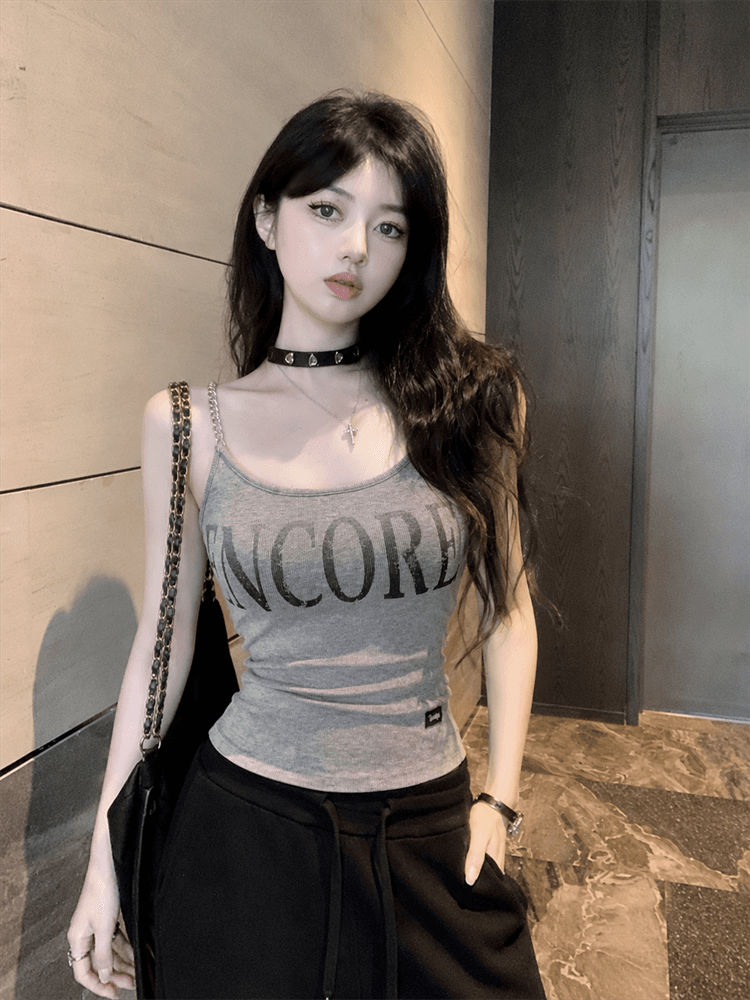 실사 아메리칸 핫걸 작은 대중 디자인 센스 체인 프린트 캐미솔 여름 외출용 맨위 상세 이미지 1