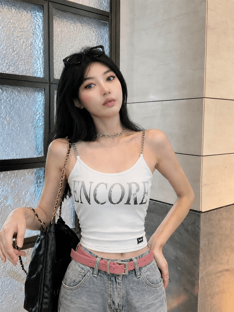 실사 아메리칸 핫걸 작은 대중 디자인 센스 체인 프린트 캐미솔 여름 외출용 맨위 상세 이미지 6
