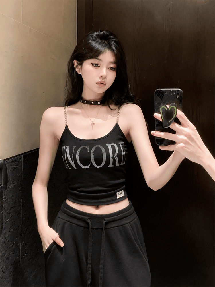 실사 아메리칸 핫걸 작은 대중 디자인 센스 체인 프린트 캐미솔 여름 외출용 맨위 상세 이미지 10