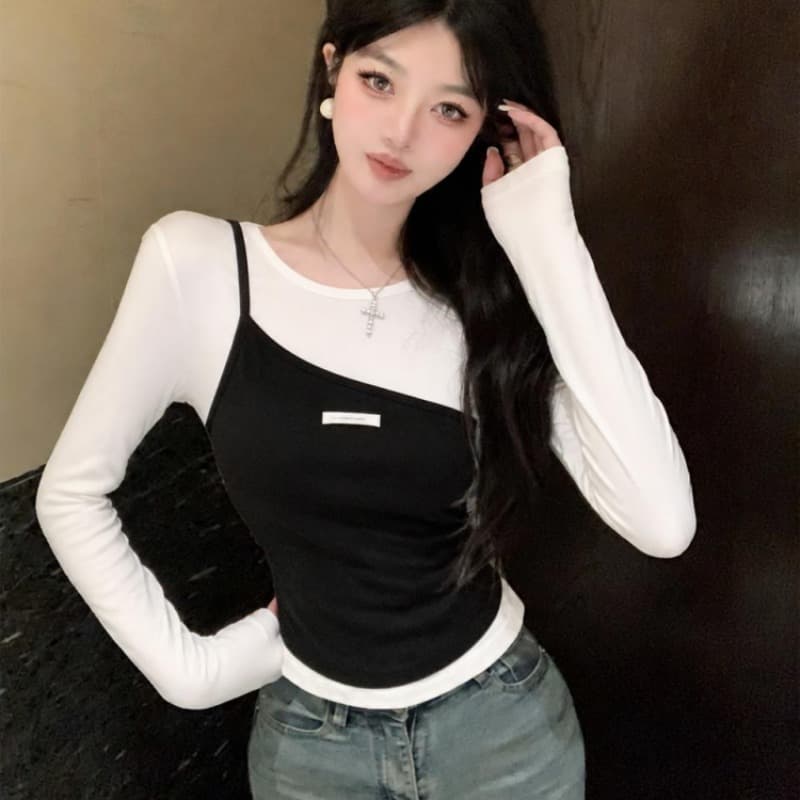 실사 2026 이른 가을 새로운 다용도 몸매 가꾸기 슬림해 보이는 사실 두 조각 디자인 센스 라운드 넥 긴팔 티셔츠 기본 셔츠 이미지 5