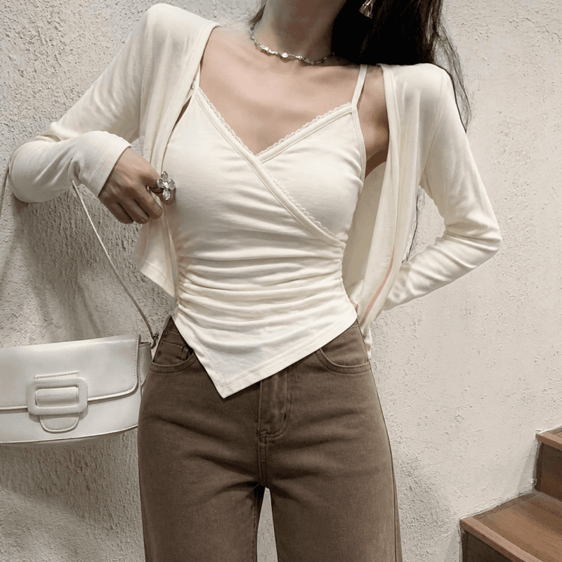 실사 2026 이른 가을 한국 스타일 순수한 욕망 슬림해 보이는 불규칙 주름 디자인 센스 캐미솔 카디건 코트 상세 이미지 5
