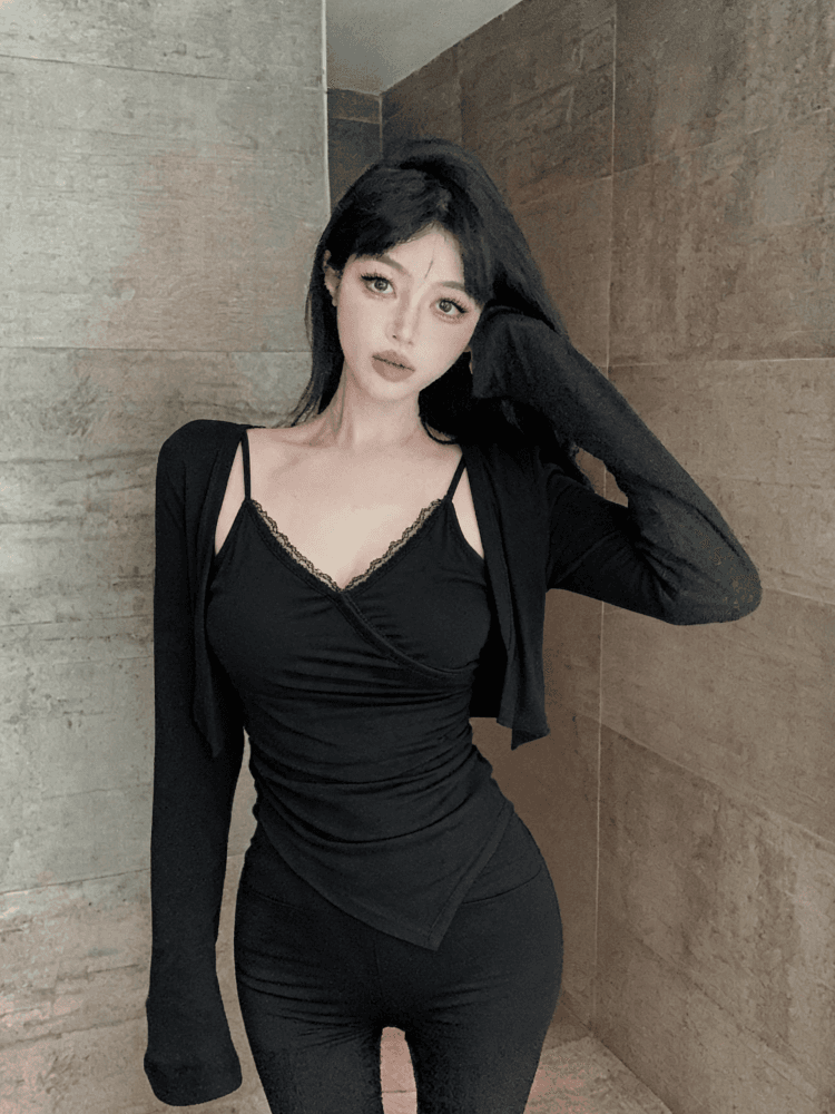 실사 2026 이른 가을 한국 스타일 순수한 욕망 슬림해 보이는 불규칙 주름 디자인 센스 캐미솔 카디건 코트 상세 이미지 8