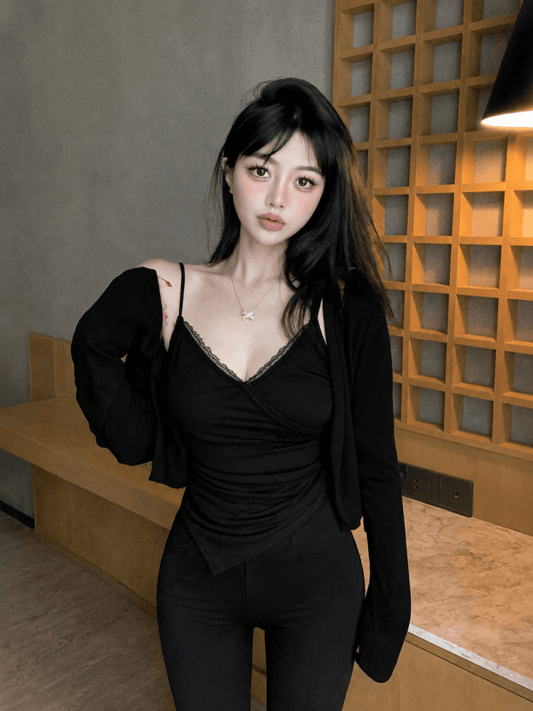 실사 2026 이른 가을 한국 스타일 순수한 욕망 슬림해 보이는 불규칙 주름 디자인 센스 캐미솔 카디건 코트 상세 이미지 12