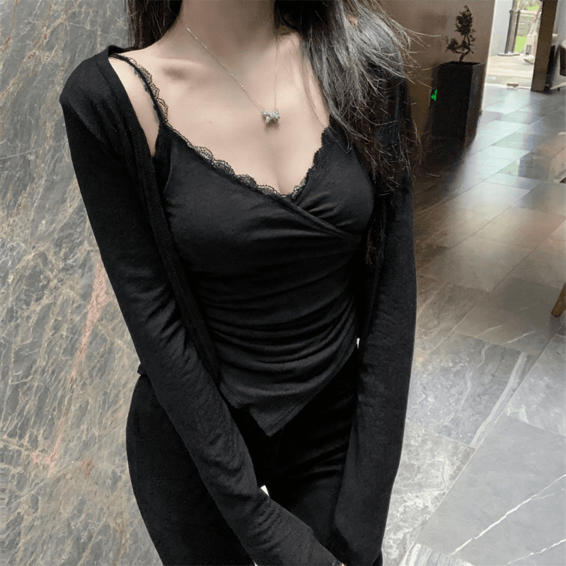 실사 2026 이른 가을 한국 스타일 순수한 욕망 슬림해 보이는 불규칙 주름 디자인 센스 캐미솔 카디건 코트 상세 이미지 15
