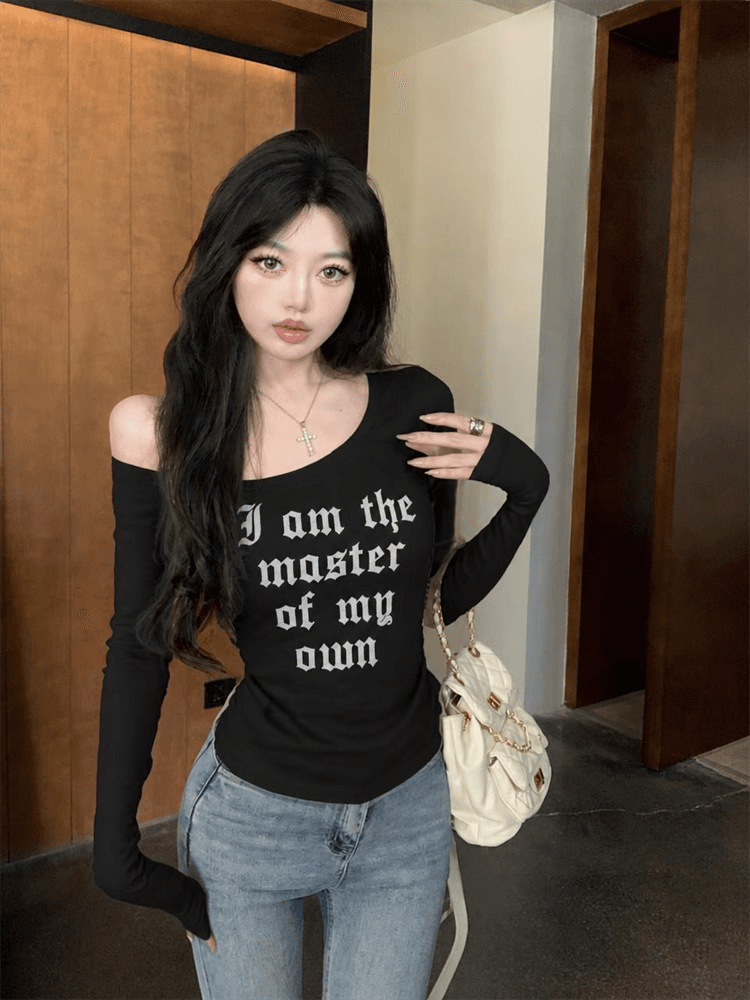 실사 아메리칸 레트로 알파벳 프린트 몸매 가꾸기 슬림해 보이는 맨위 여성 인사이드 가져 가라. 외출용 비스듬한 어깨 알파벳 맨위 상세 이미지 2