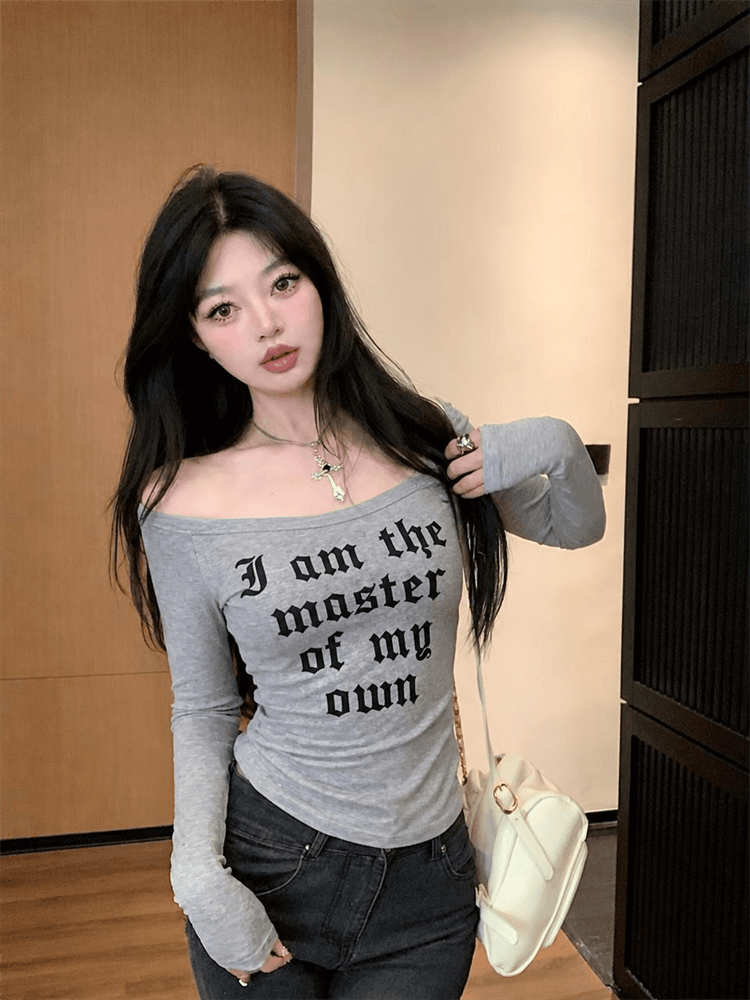 실사 아메리칸 레트로 알파벳 프린트 몸매 가꾸기 슬림해 보이는 맨위 여성 인사이드 가져 가라. 외출용 비스듬한 어깨 알파벳 맨위 상세 이미지 5
