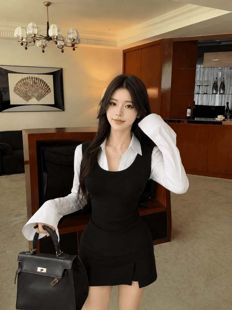 실사 이른 가을 새로운 긴팔 몸매 가꾸기 슬림해 보이는 페이크 레이어드 디자인 센스 셔츠 상세 이미지 1
