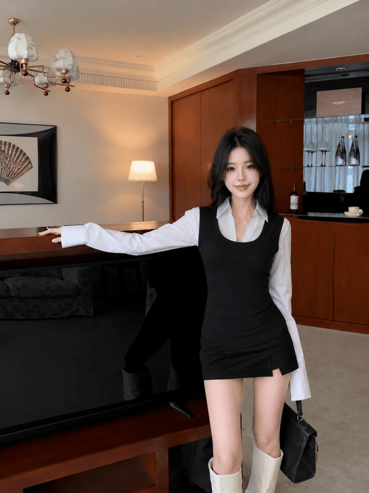 실사 이른 가을 새로운 긴팔 몸매 가꾸기 슬림해 보이는 페이크 레이어드 디자인 센스 셔츠 상세 이미지 2