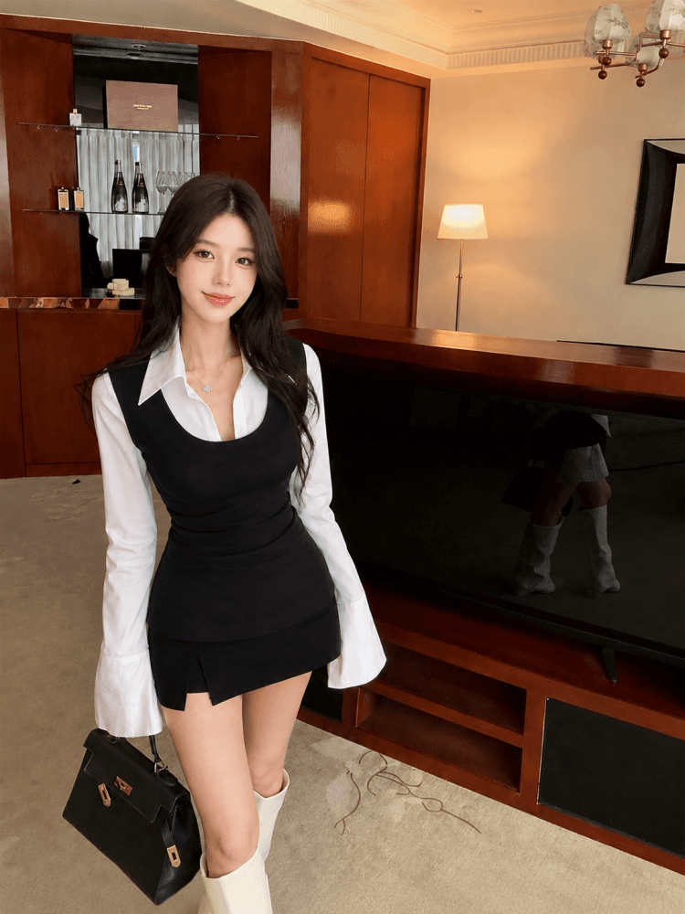 실사 이른 가을 새로운 긴팔 몸매 가꾸기 슬림해 보이는 페이크 레이어드 디자인 센스 셔츠 상세 이미지 5
