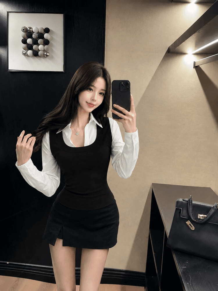 실사 이른 가을 새로운 긴팔 몸매 가꾸기 슬림해 보이는 페이크 레이어드 디자인 센스 셔츠 상세 이미지 9