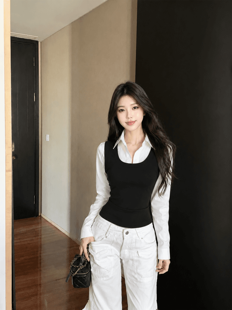 실사 이른 가을 새로운 긴팔 몸매 가꾸기 슬림해 보이는 페이크 레이어드 디자인 센스 셔츠 이미지 3