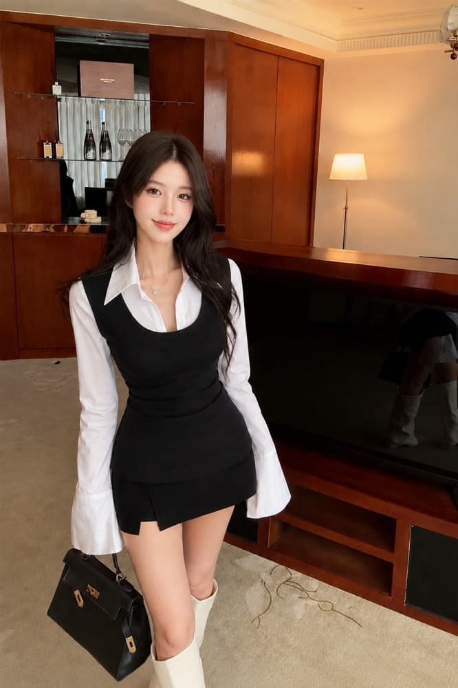 실사 이른 가을 새로운 긴팔 몸매 가꾸기 슬림해 보이는 페이크 레이어드 디자인 센스 셔츠 이미지 6
